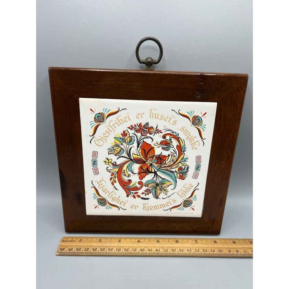 VTG Berggren Trayner Norwegian Wood-Framed Trivet Tile Plaque Rosemaling 1960s - Picture 5 of 12